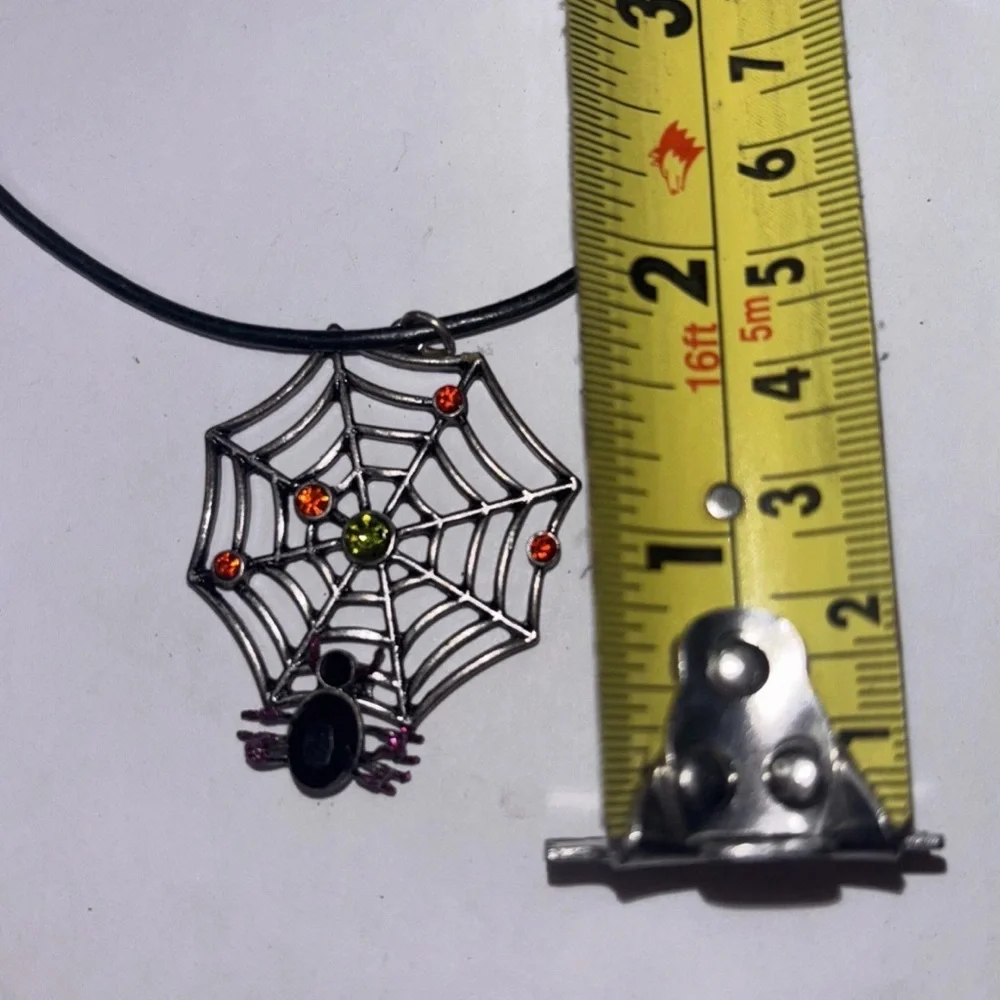 Vintage Metal Halloween Spider Web Pendent‎ On Black Cord  Necklace Rhinestones